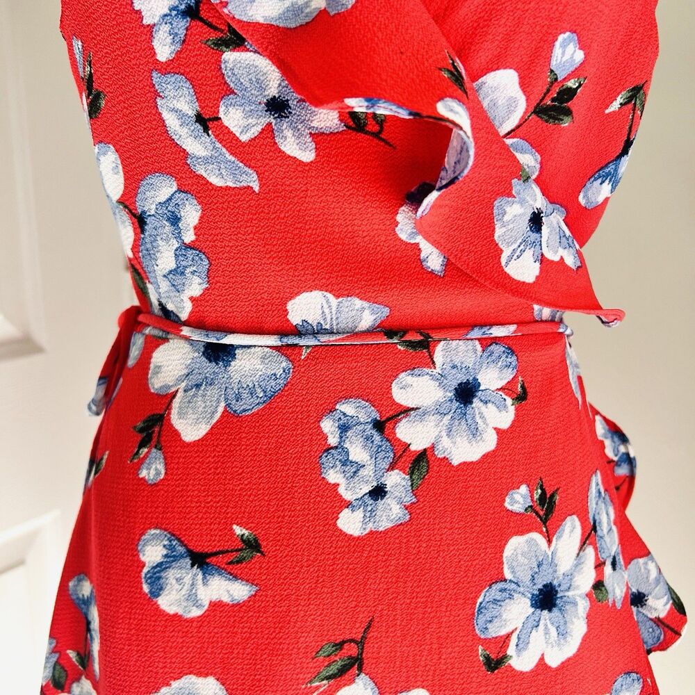 Love & Piece Collective Coral Orange & Blue Floral True Wrap Dress Lined Medium - Picture 3 of 10